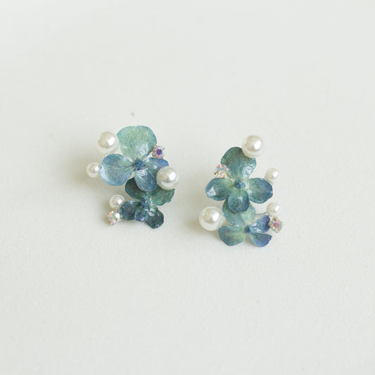 Blue Hydrangea Pearl Cluster Stud Earrings handmade botanical jewellery, product view 2