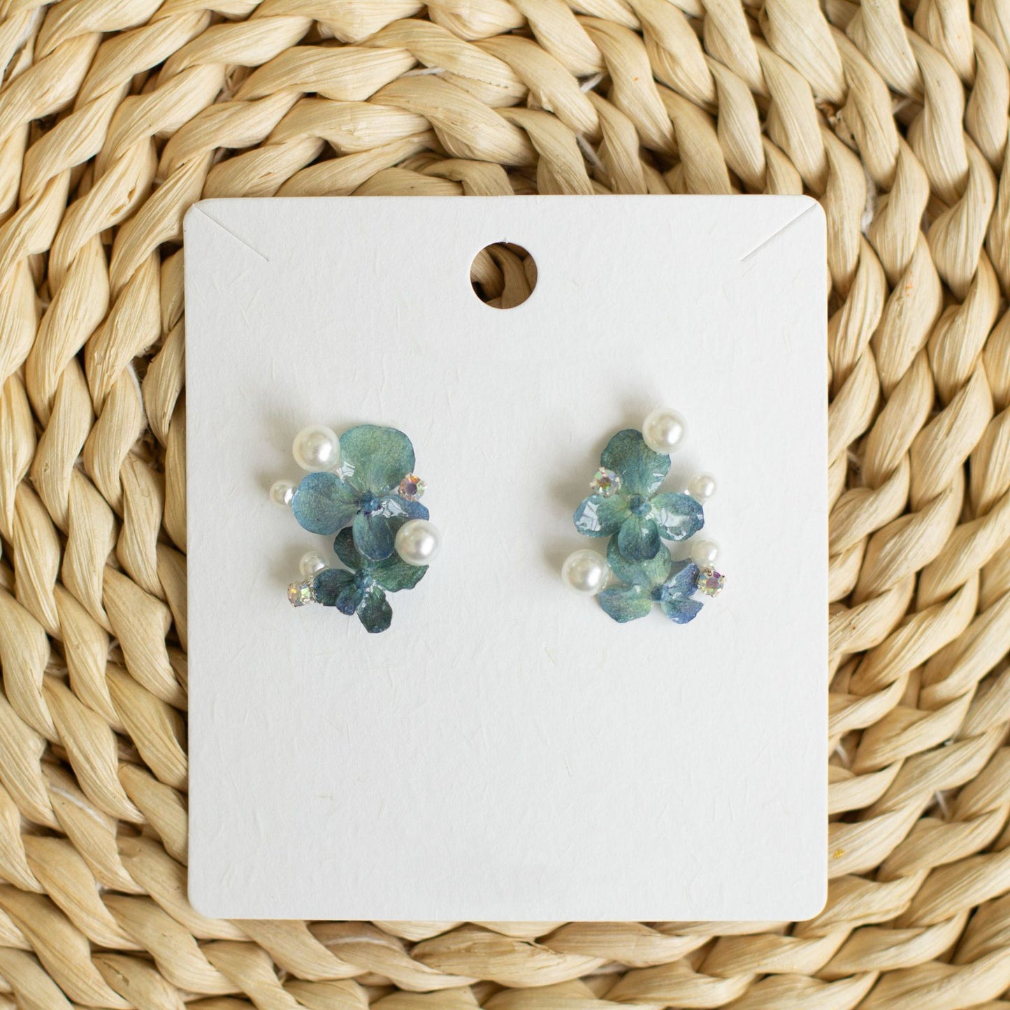 Blue Hydrangea Pearl Cluster Stud Earrings handmade botanical jewellery, product view 7