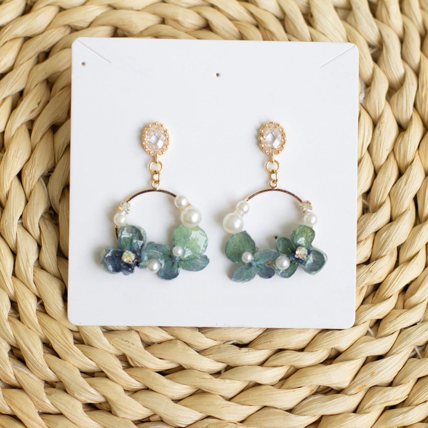 Blue Hydrangea Floral Hoop Drop Earrings handmade botanical jewellery, product view 8