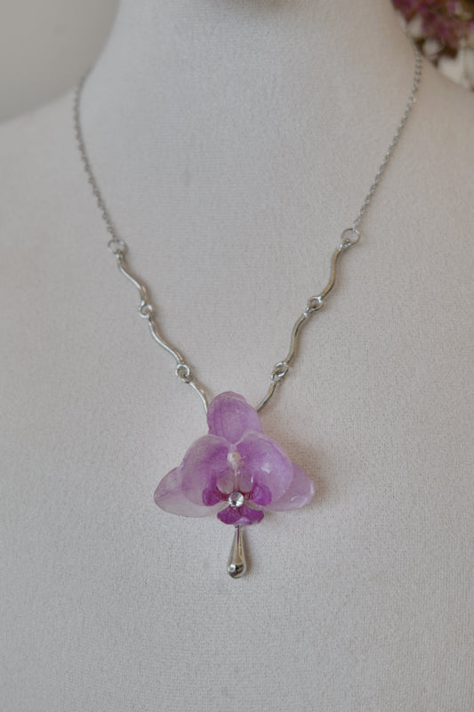 botanical detail of purple Phalaenopsis orchid charm necklace, handmade botanical jewellery by Terra Decode