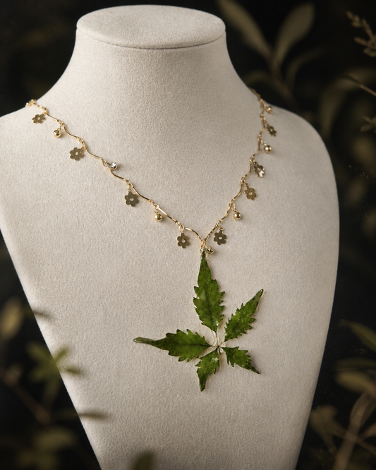 Close-up of serrated Chinese chaste tree leaflets preserved in clear resin, Chinese Chaste Tree Floral-Chain Necklace botanical jewellery by Terra Decode
