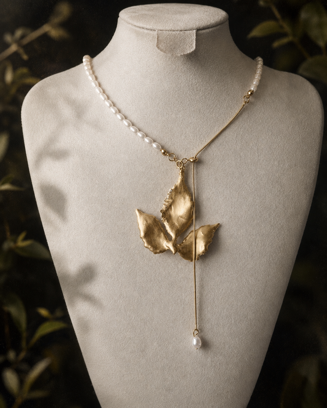 Single imitation-pearl drop below the preserved Boston ivy pendant, Gold-Edged Boston Ivy Pearl-Drop Necklace botanical jewellery by Terra Decode