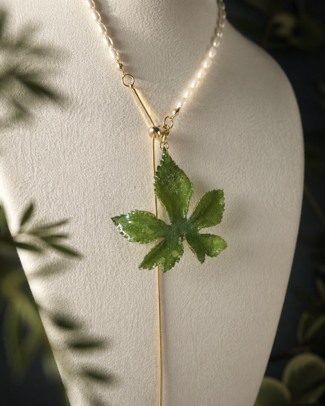 Imitation-pearl drop detail below the Japanese hop lariat necklace, Japanese Hop Pearl-Drop Adjustable Lariat Necklace botanical jewellery by Terra Decode