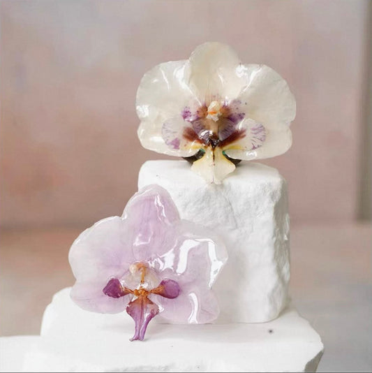 Soft Purple orchid brooch with resin flower petals and pin backing by Terra Decode