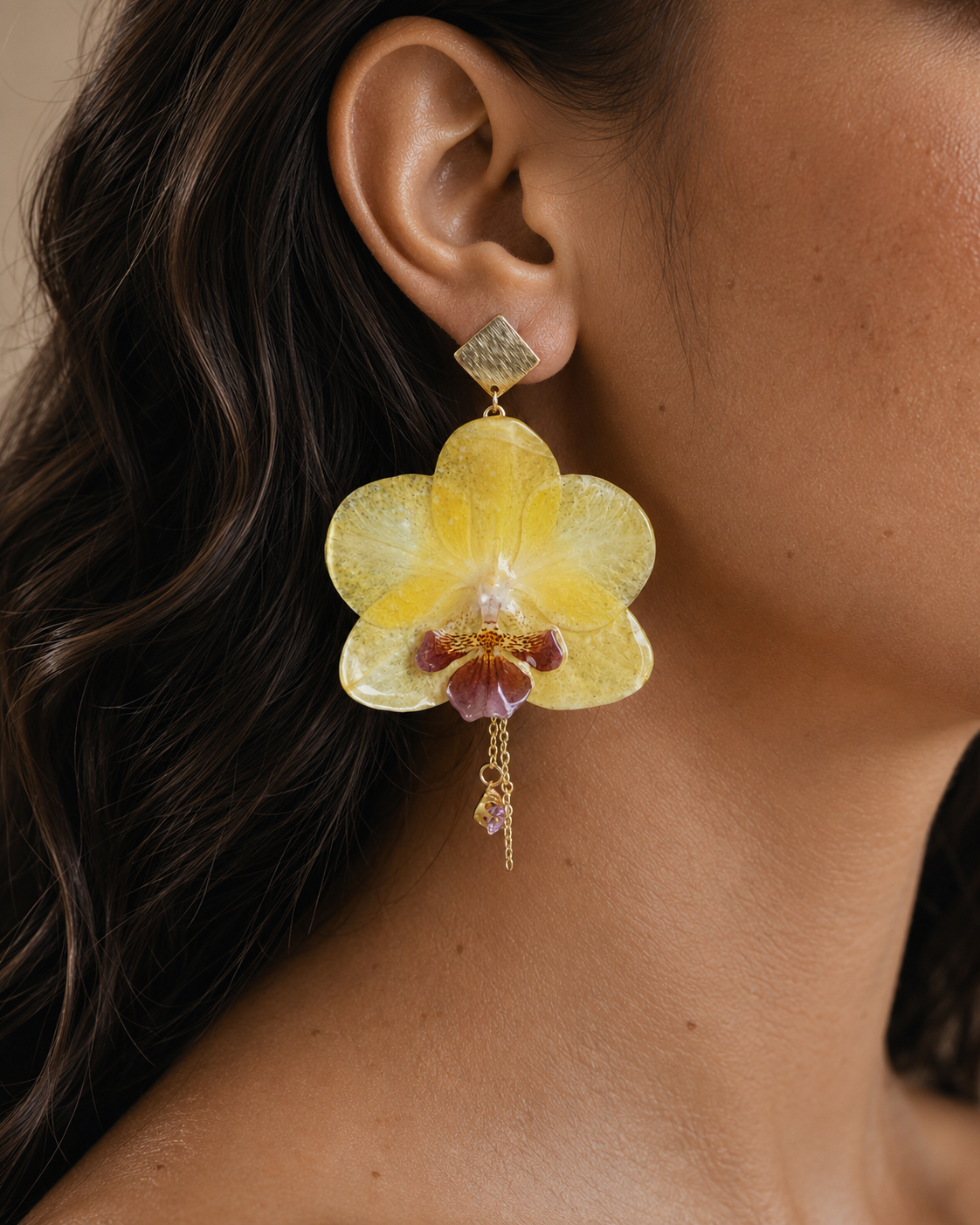 Model wearing Orchid Statement Drop Earrings, Orchid Statement Drop Earrings botanical jewellery by Terra Decode