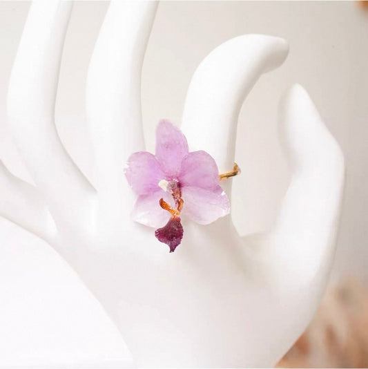 Soft Purple orchid ring with resin petals and adjustable gold-tone band by Terra Decode