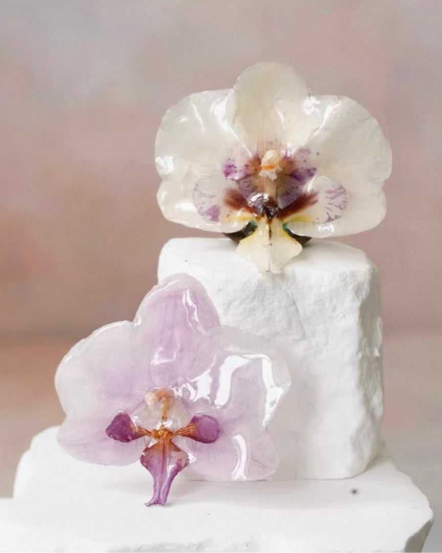 Orchid flower brooches with translucent resin petals by Terra Decode