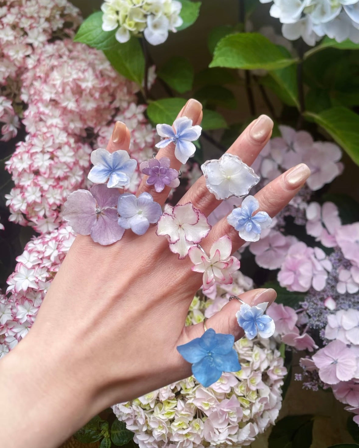 Hydrangea rings with preserved flower resin petals by Terra Decode