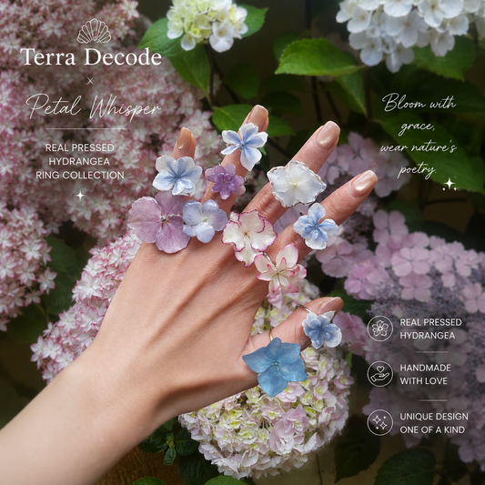 A hand wearing several flower-shaped rings with blue, purple, pink, and white hydrangea petals, posed against a background of real pink and white hydrangea blooms. Text overlays read 'Terra Decode x Petal Whisper' and feature product selling points.