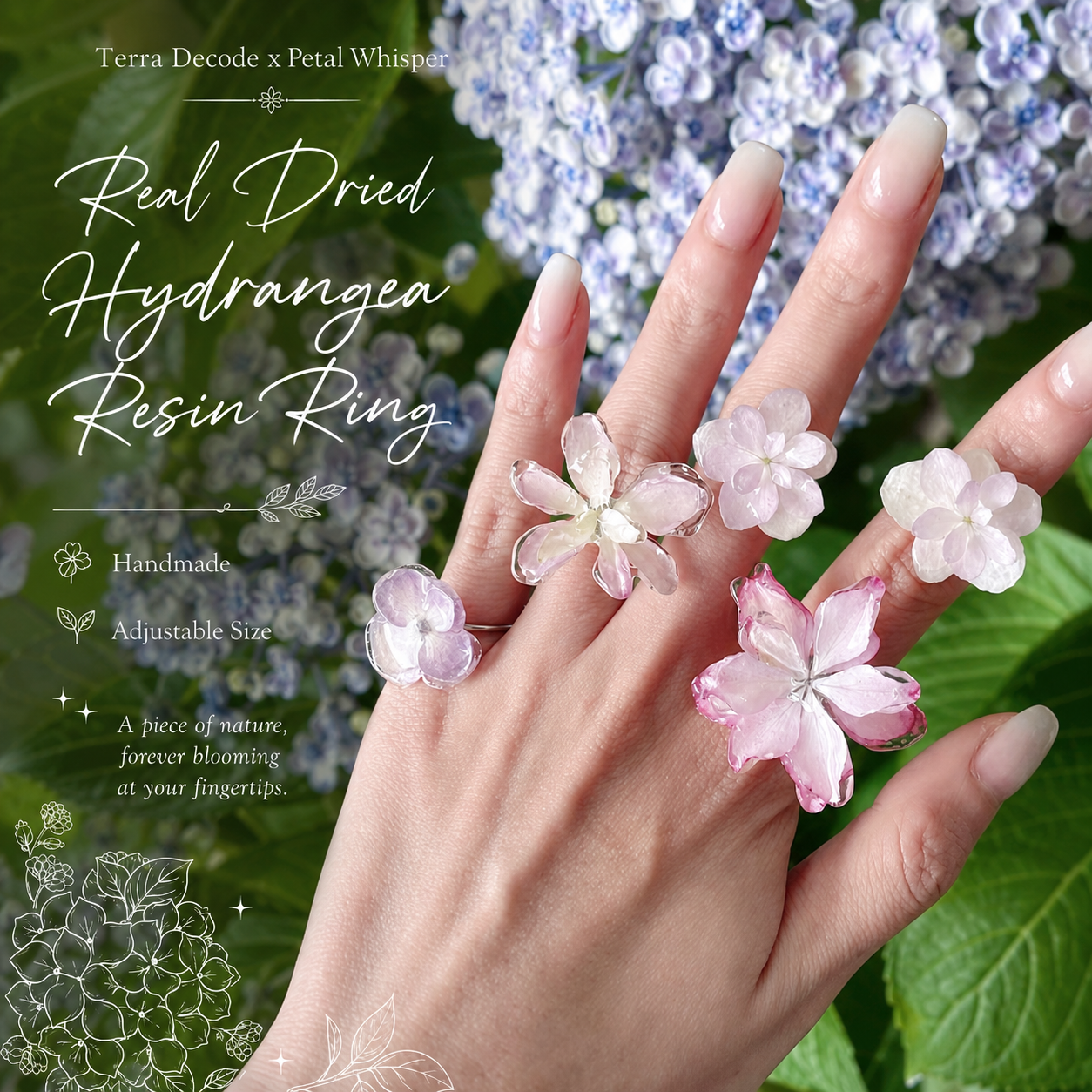 Hydrangea blue and soft pink hydrangea rings with resin petals worn among garden blooms by Terra Decode