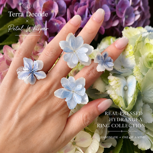 A close-up of a hand wearing four flower-shaped rings inspired by real pressed hydrangeas, with purple and white hydrangea blooms in the background. Text overlays read 'Terra Decode x Petal Whisper' and 'Real Pressed Hydrangea Ring Collection'.