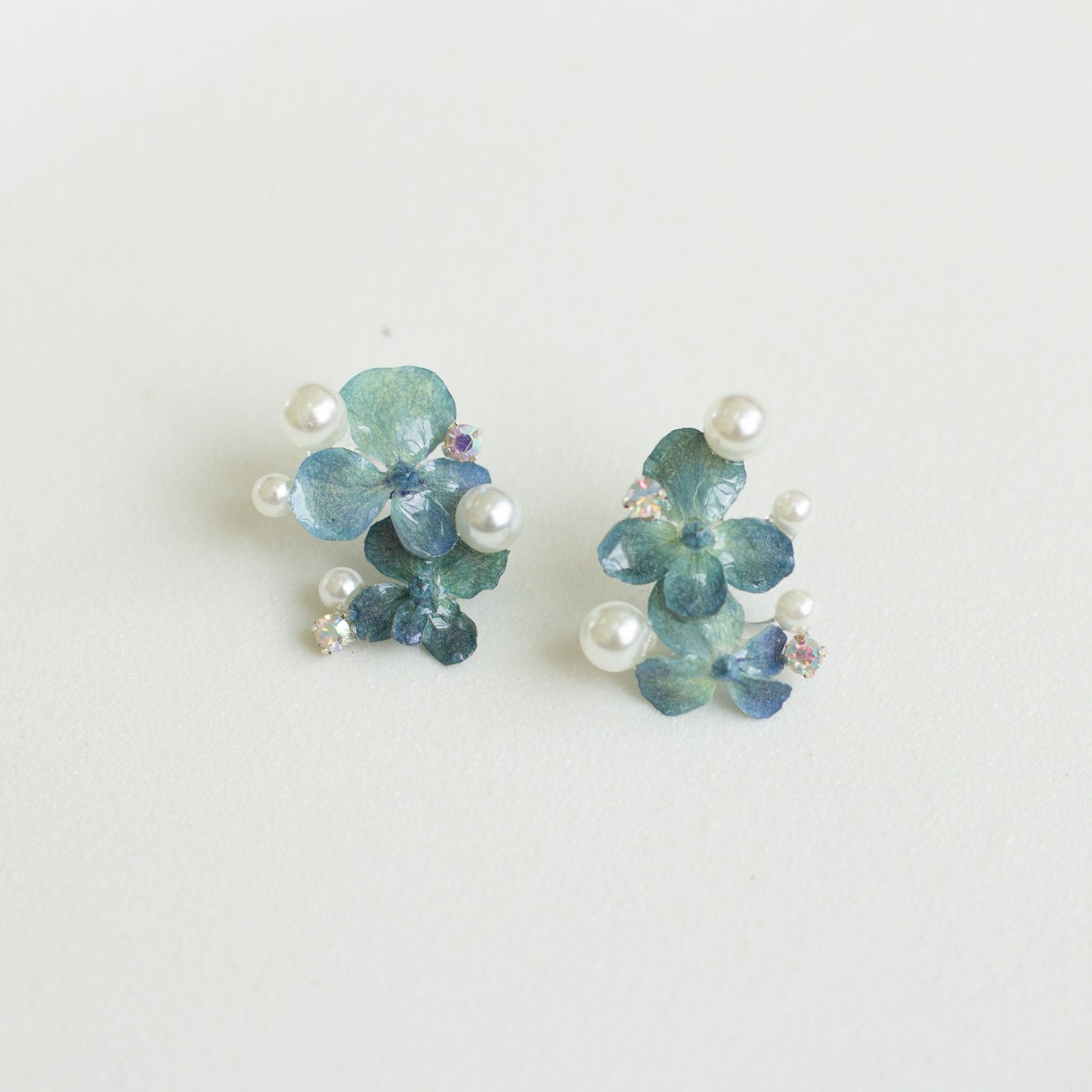 Blue Hydrangea Pearl Cluster Stud Earrings handmade botanical jewellery, product view 2