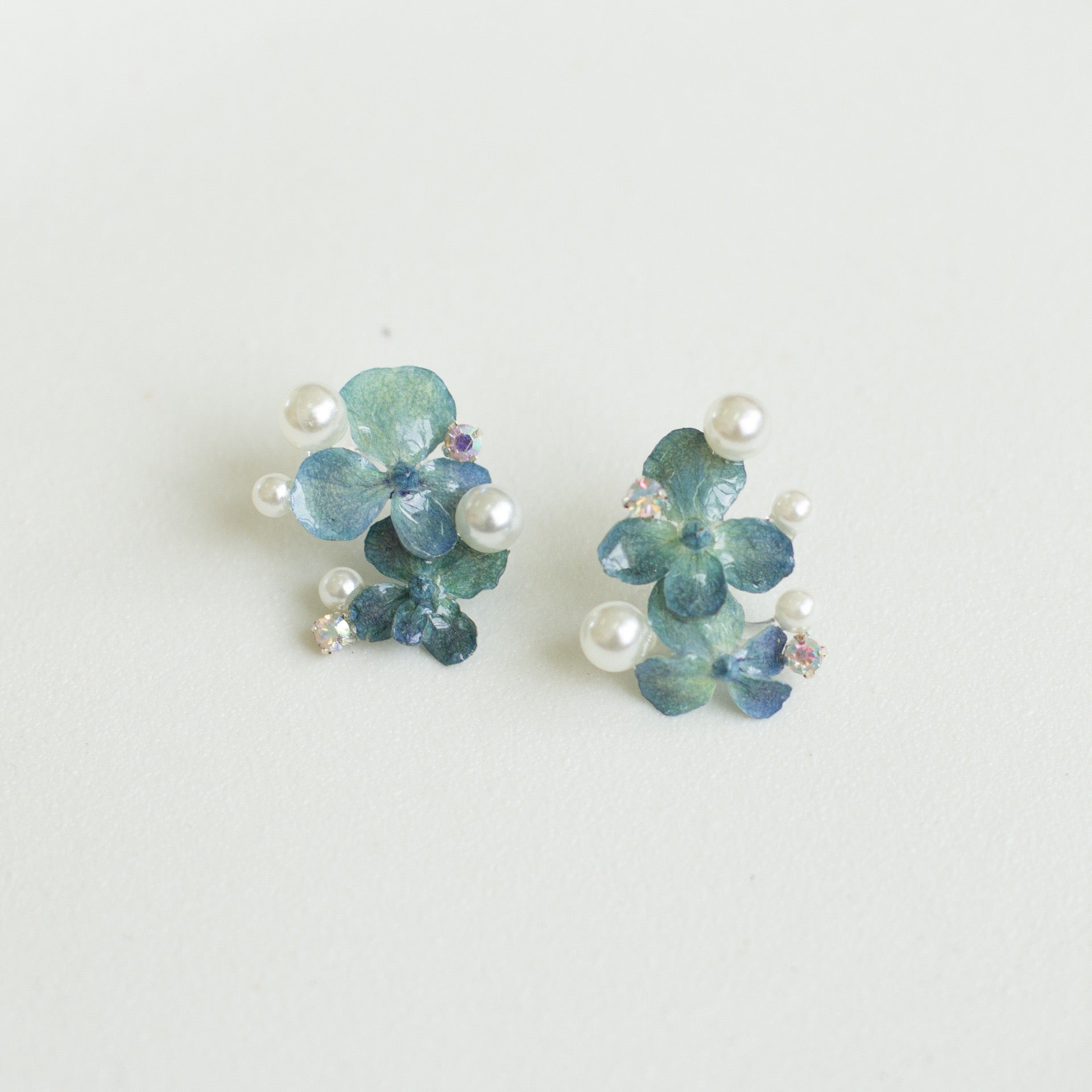 Blue Hydrangea Pearl Cluster Stud Earrings handmade botanical jewellery, product view 2