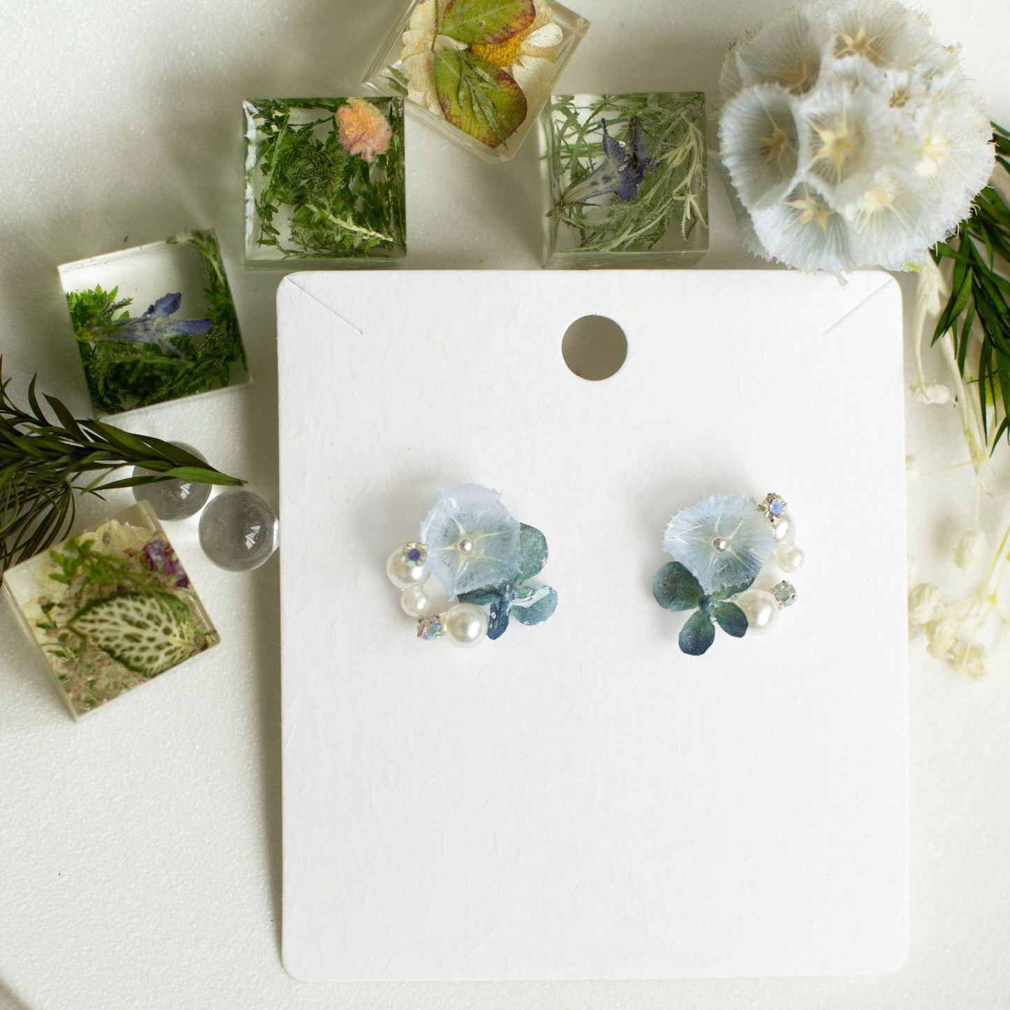 Icy Blue Hydrangea Stud Earrings handmade botanical jewellery, product view 3