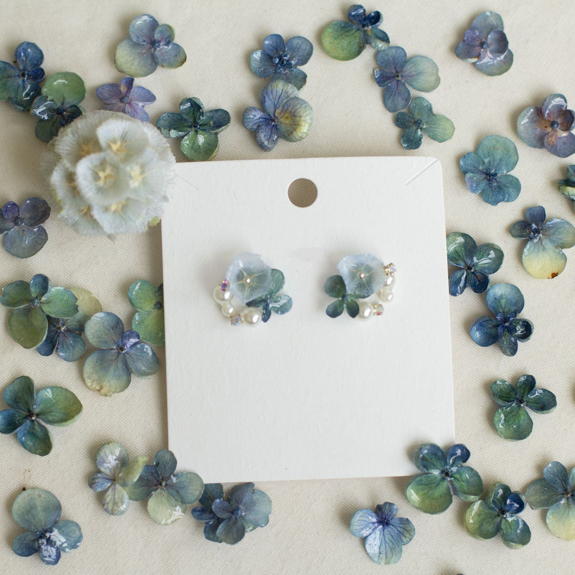 Icy Blue Hydrangea Stud Earrings handmade botanical jewellery, product view 4