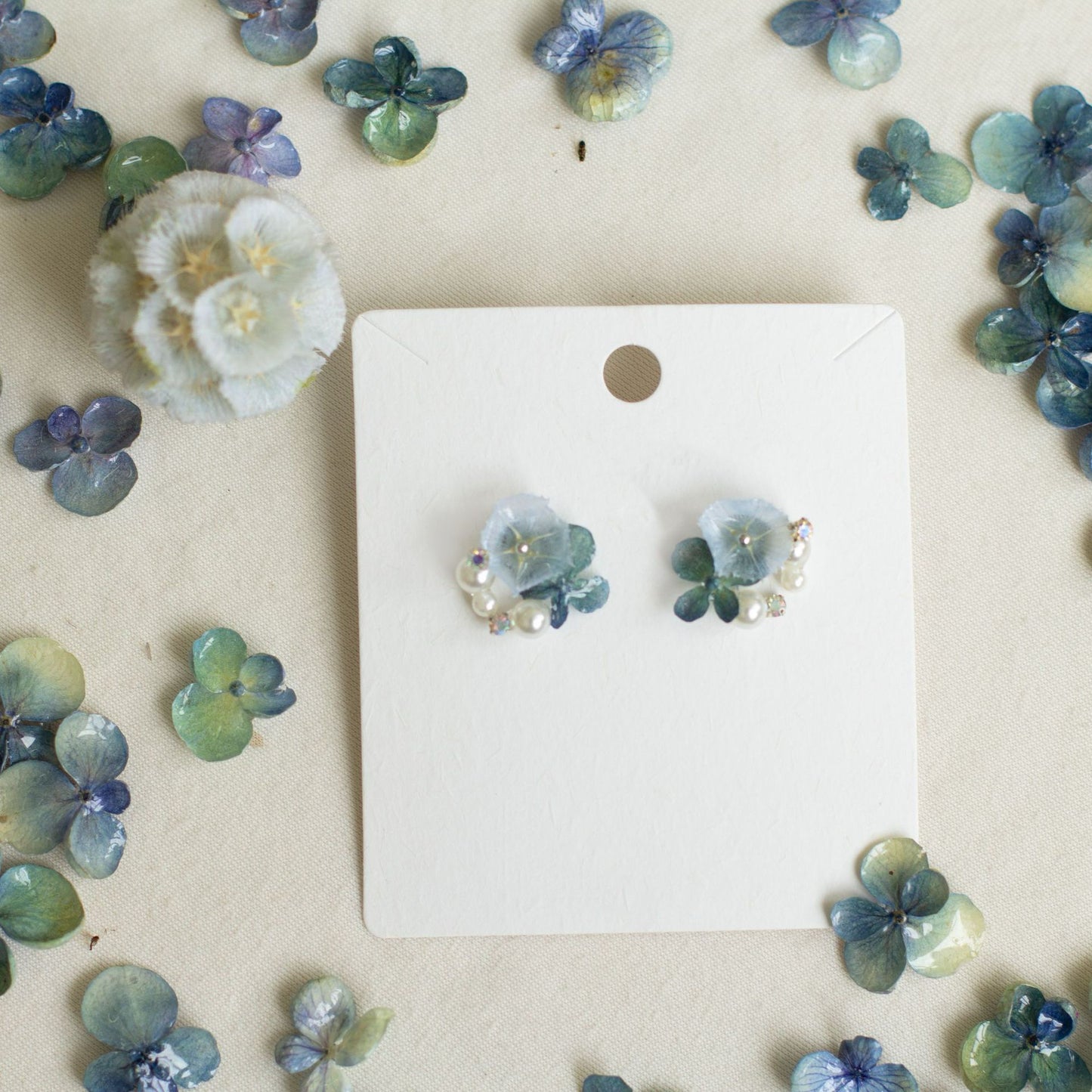 Icy Blue Hydrangea Stud Earrings handmade botanical jewellery, product view 6