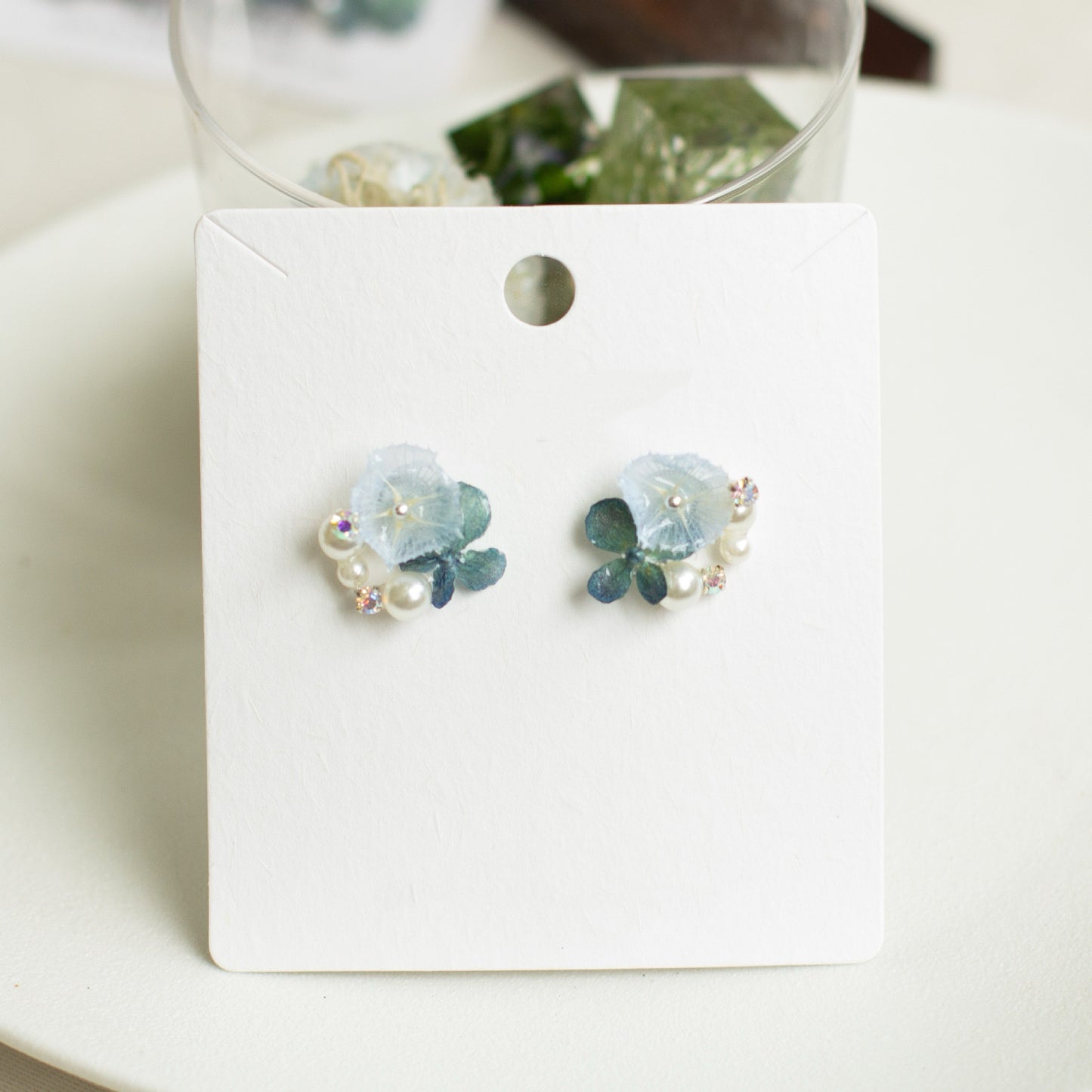 Icy Blue Hydrangea Stud Earrings handmade botanical jewellery, product view 7