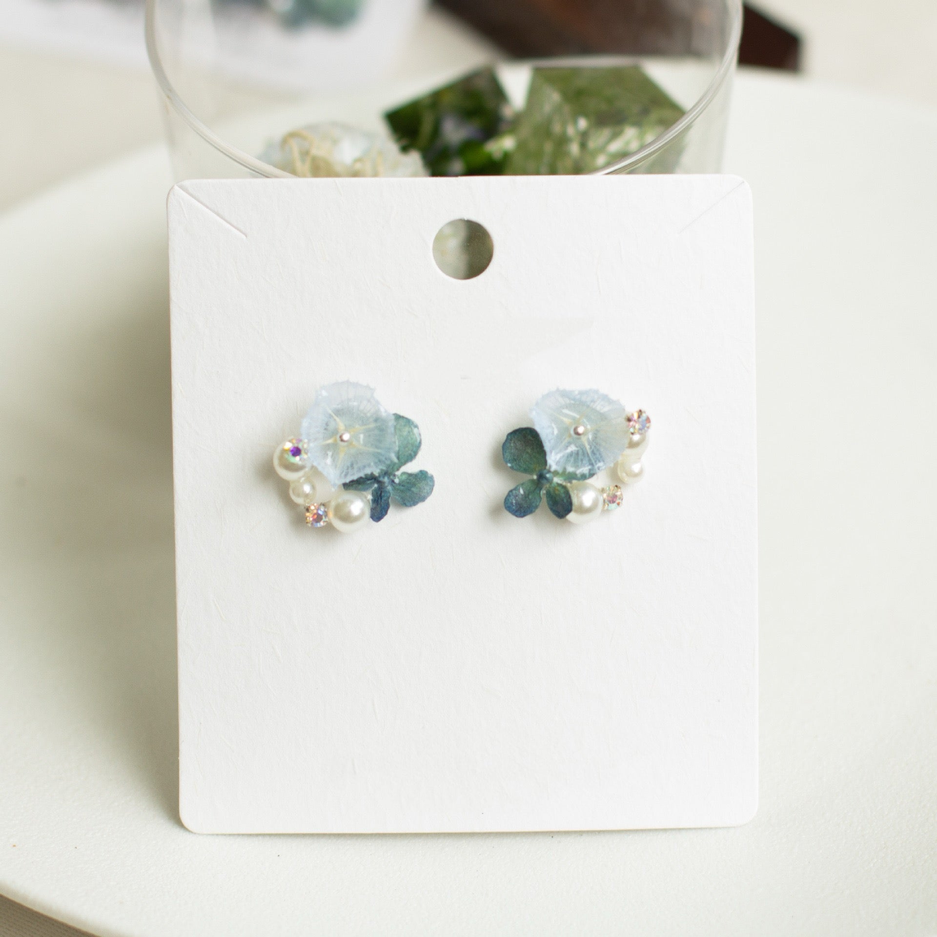 Icy Blue Hydrangea Stud Earrings handmade botanical jewellery, product view 7
