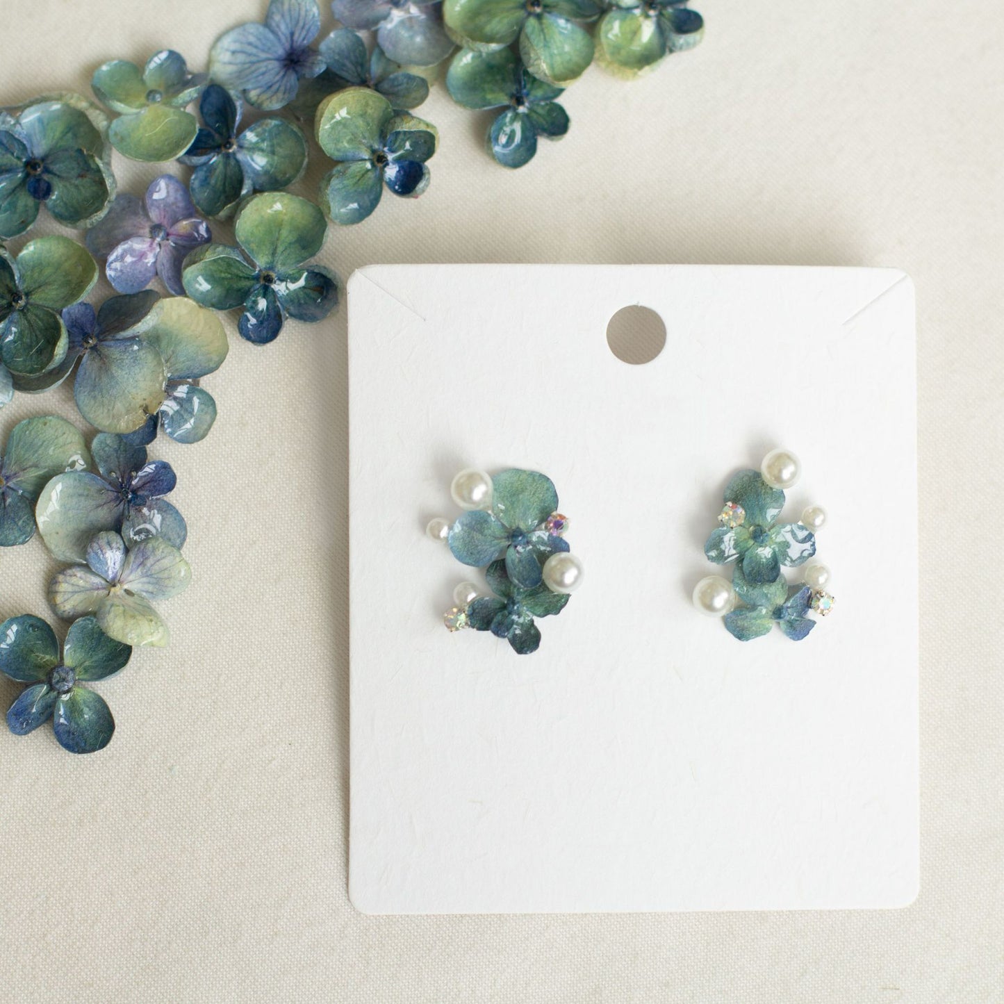 Blue Hydrangea Pearl Cluster Stud Earrings handmade botanical jewellery, product view 3