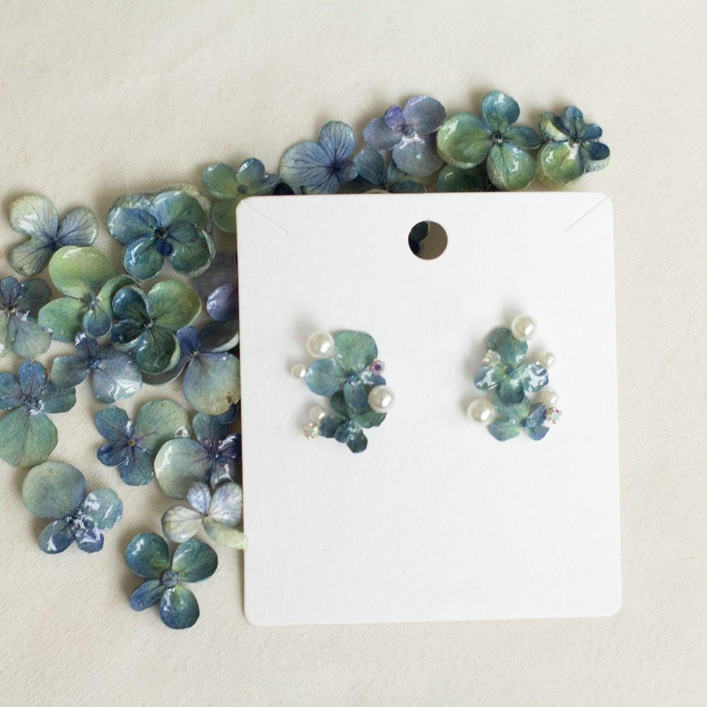 Blue Hydrangea Pearl Cluster Stud Earrings handmade botanical jewellery, product view 4