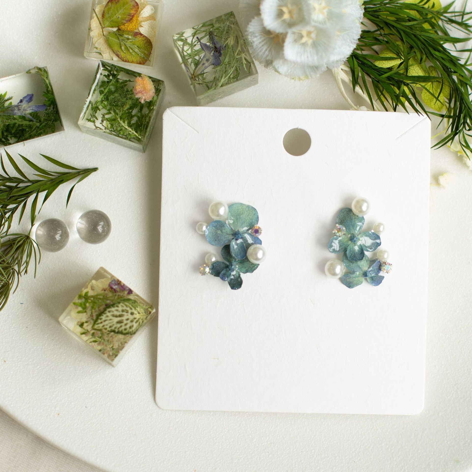 Blue Hydrangea Pearl Cluster Stud Earrings handmade botanical jewellery, product view 5