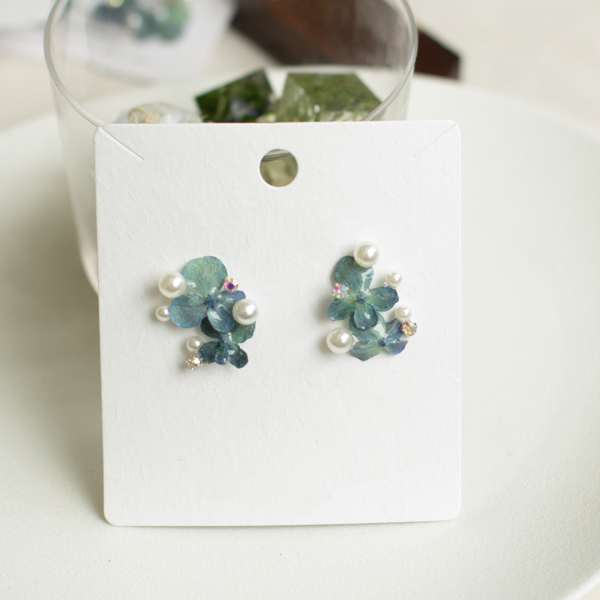 Blue Hydrangea Pearl Cluster Stud Earrings handmade botanical jewellery, product view 6