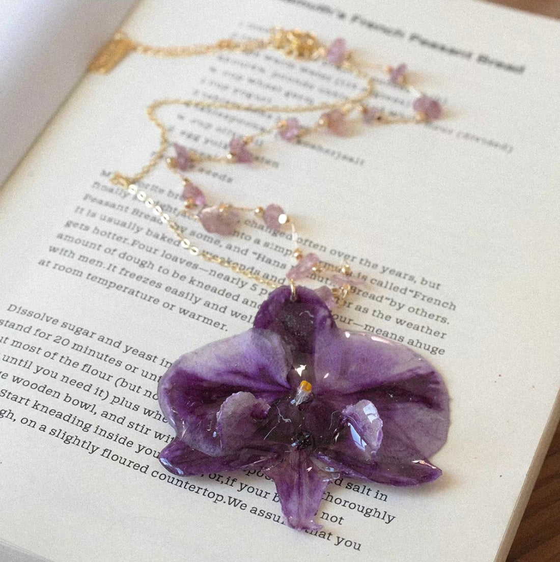 Deep plum gradient preserved orchid pendant necklace with gold-tone chain by Terra Decode