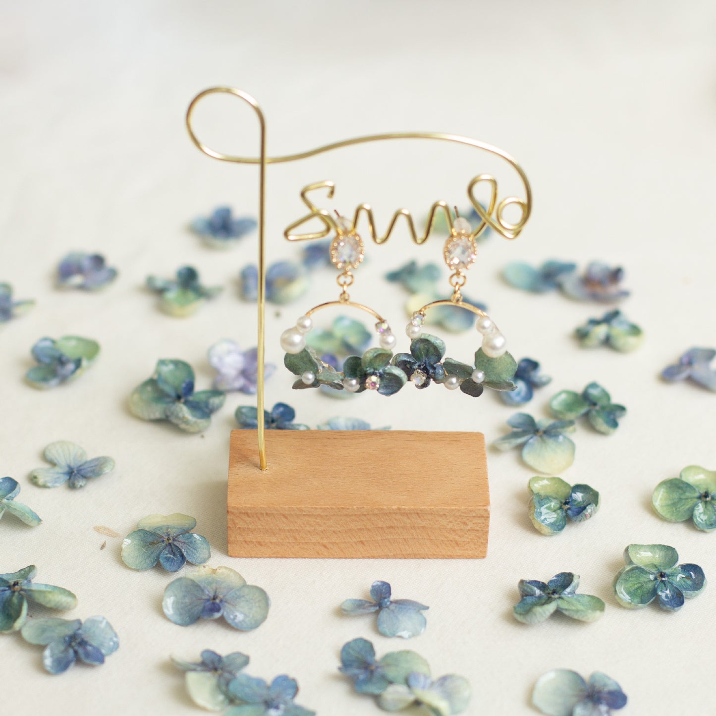 Blue Hydrangea Floral Hoop Drop Earrings handmade botanical jewellery, product view 2