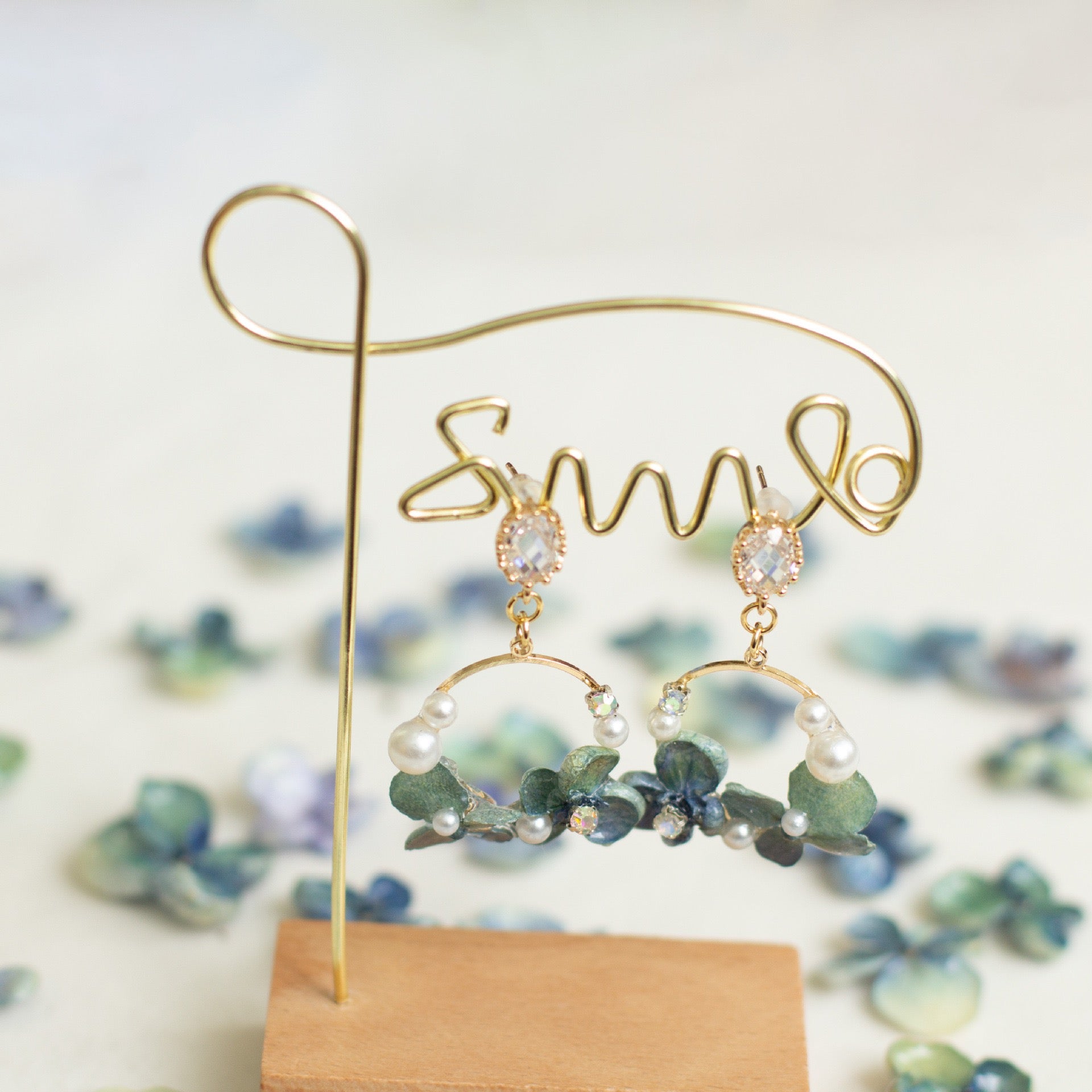 Blue Hydrangea Floral Hoop Drop Earrings handmade botanical jewellery, product view 3