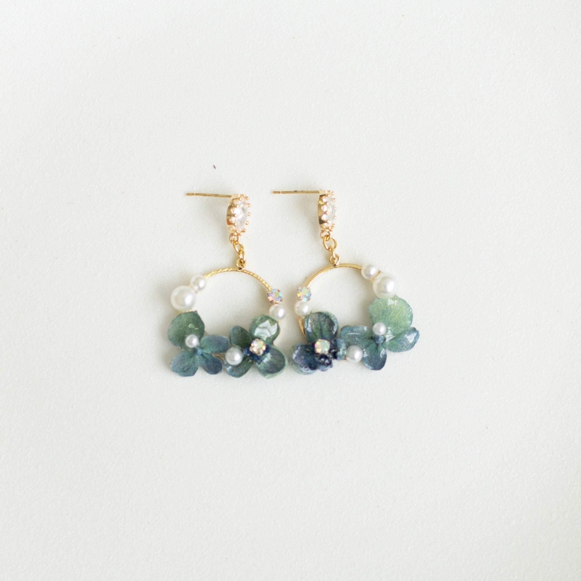 Blue Hydrangea Floral Hoop Drop Earrings handmade botanical jewellery, product view 4