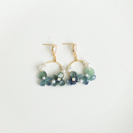 Blue Hydrangea Floral Hoop Drop Earrings handmade botanical jewellery, product view 4