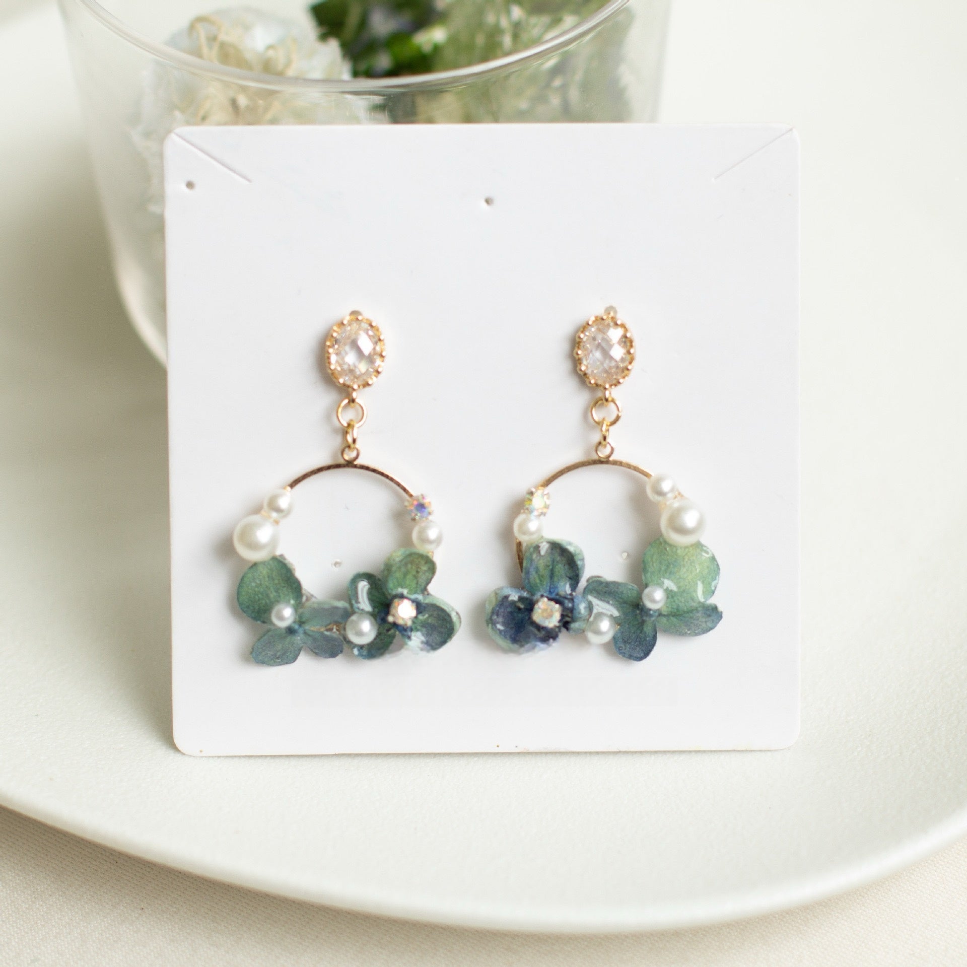 Blue Hydrangea Floral Hoop Drop Earrings handmade botanical jewellery, product view 5