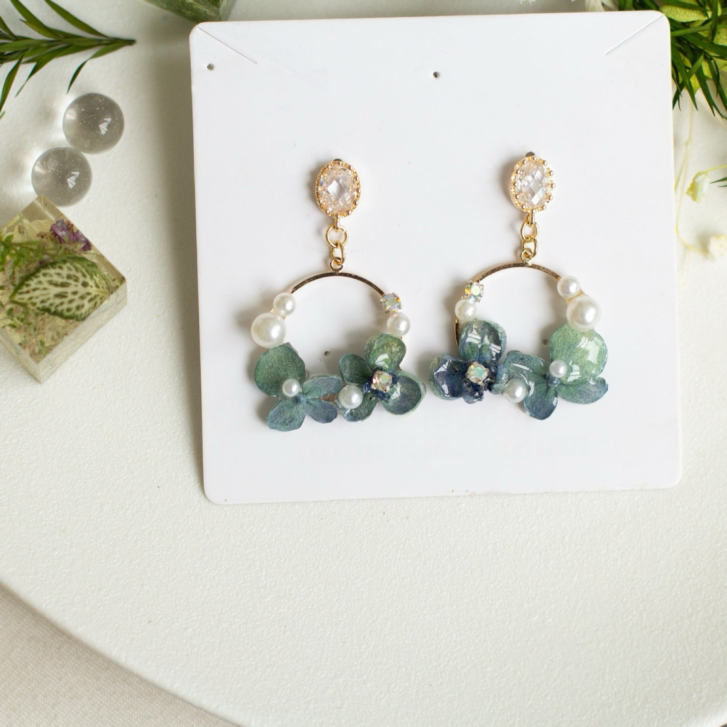 Blue Hydrangea Floral Hoop Drop Earrings handmade botanical jewellery, product view 6
