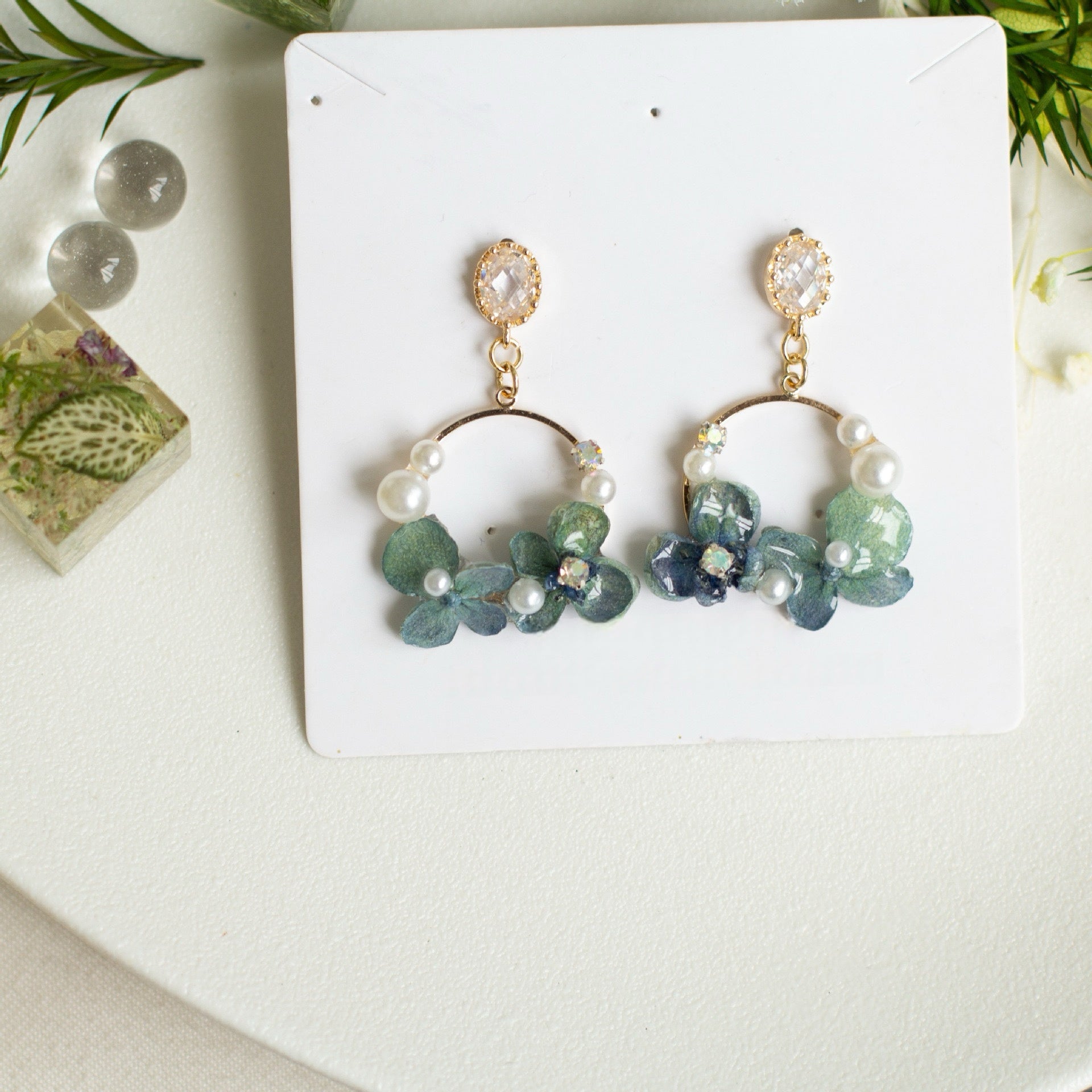 Blue Hydrangea Floral Hoop Drop Earrings handmade botanical jewellery, product view 6