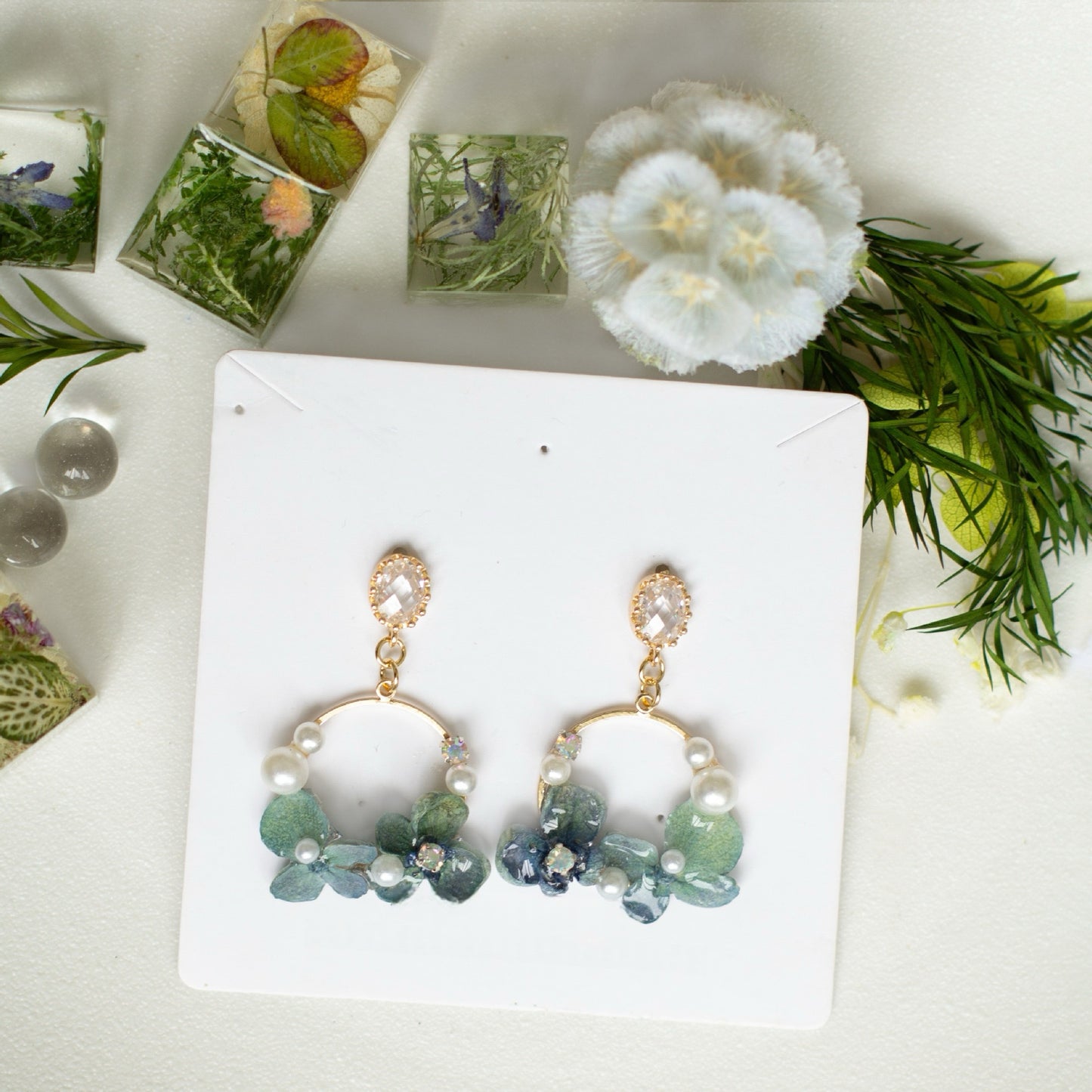 Blue Hydrangea Floral Hoop Drop Earrings handmade botanical jewellery, product view 7