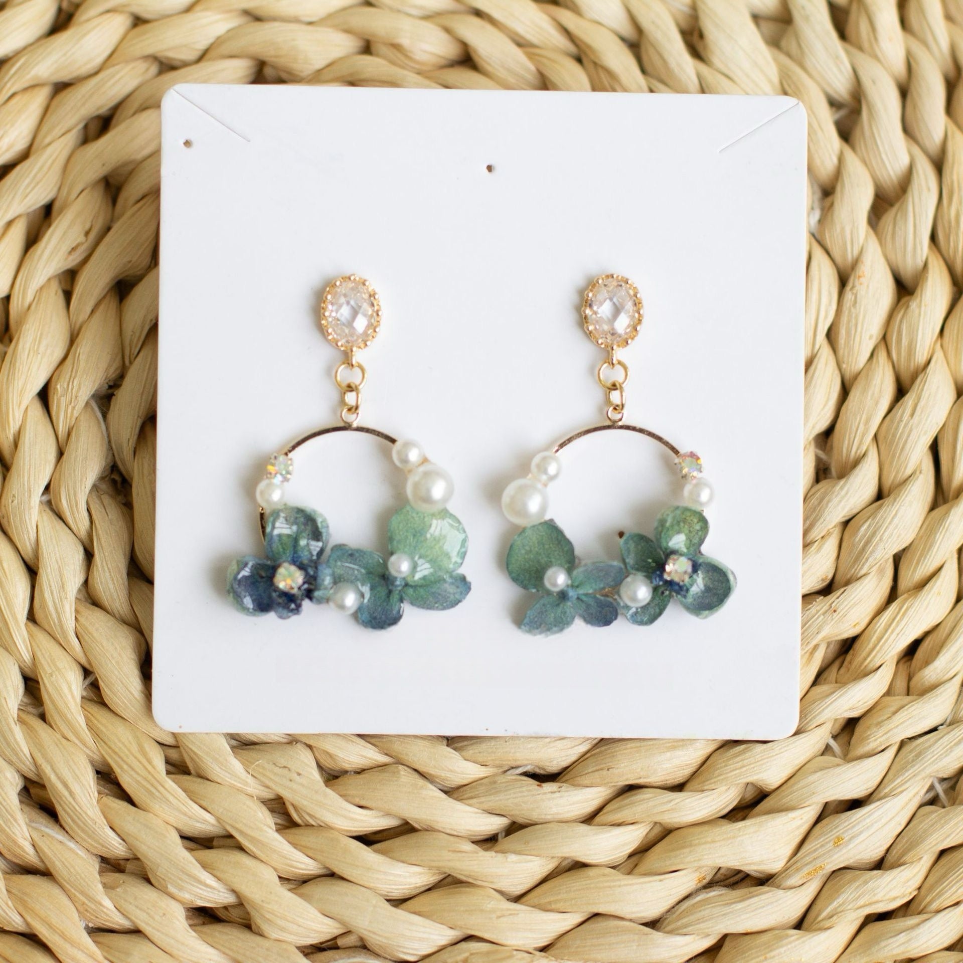 Blue Hydrangea Floral Hoop Drop Earrings handmade botanical jewellery, product view 8