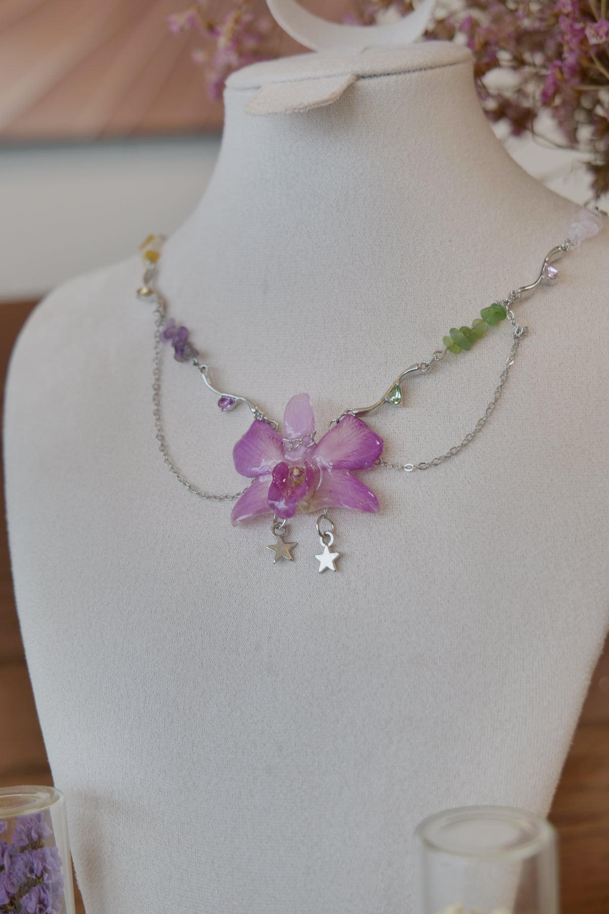 flower close-up of purple Dendrobium orchid beaded charm necklace, handmade botanical jewellery by Terra Decode