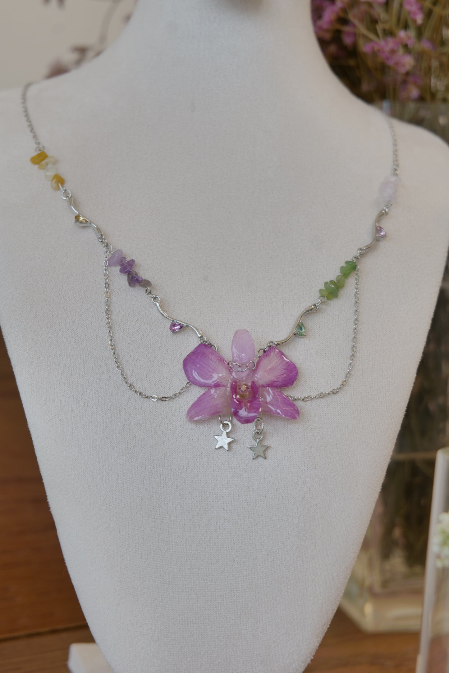 full product view of purple Dendrobium orchid beaded charm necklace, handmade botanical jewellery by Terra Decode