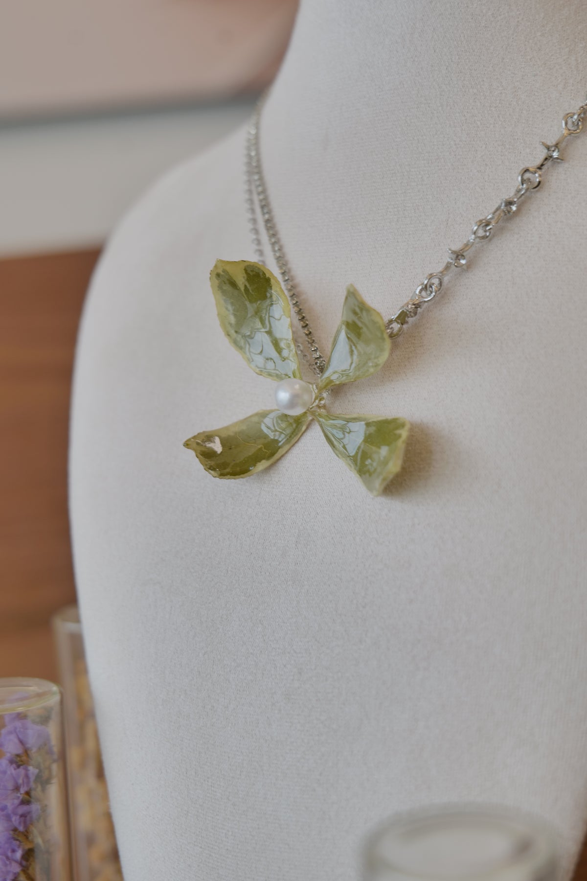 full product view of Golden Edge Euonymus leaf floral pendant necklace, handmade botanical jewellery by Terra Decode