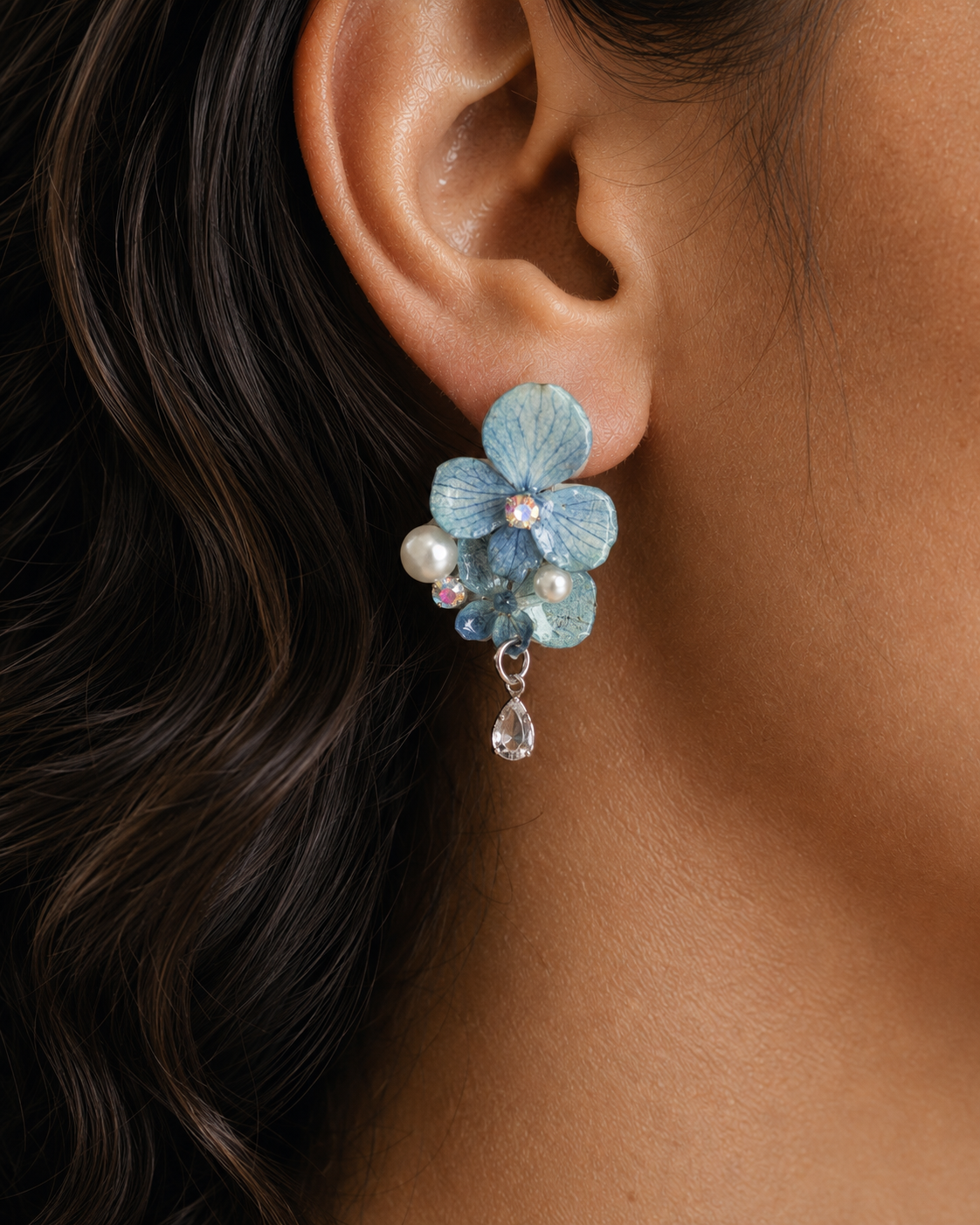Model wearing Blue Hydrangea Drop Earrings, Blue Hydrangea Drop Earrings botanical jewellery by Terra Decode