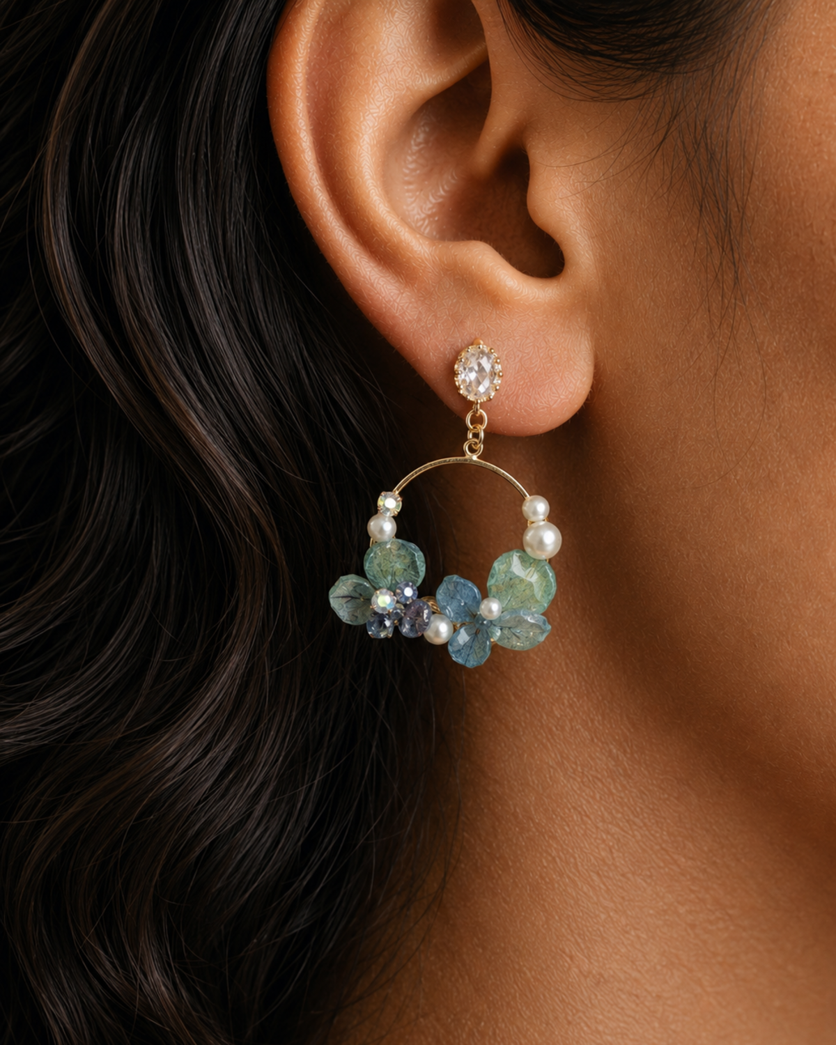 Model wearing Blue Hydrangea Floral Hoop Drop Earrings, Blue Hydrangea Floral Hoop Drop Earrings botanical jewellery by Terra Decode