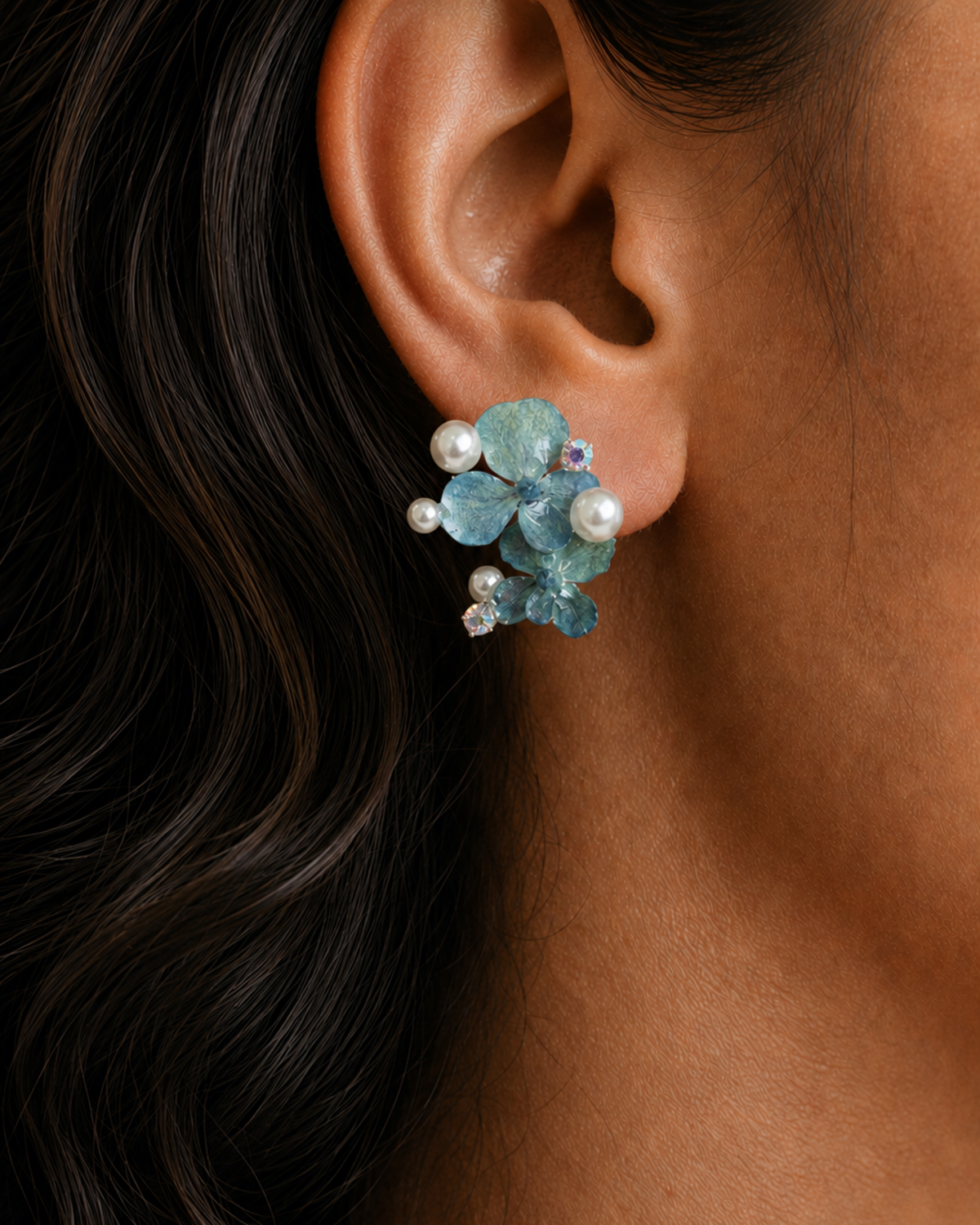 Model wearing Blue Hydrangea Pearl Cluster Stud Earrings, Blue Hydrangea Pearl Cluster Stud Earrings botanical jewellery by Terra Decode