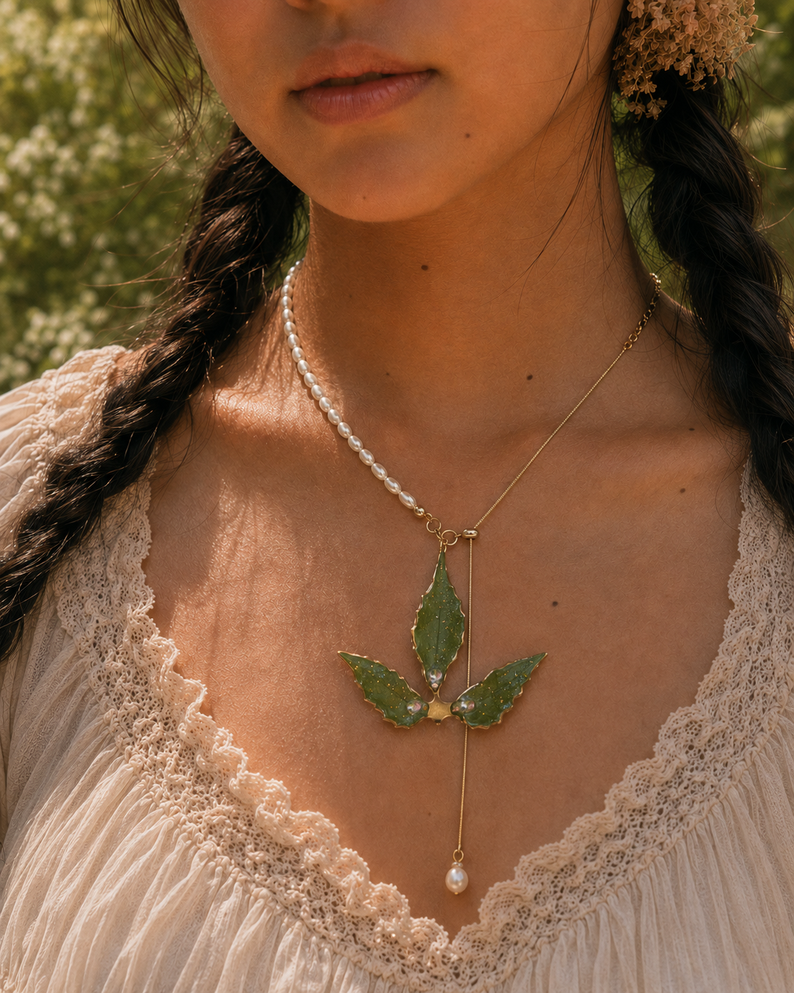 Model wearing the Boston Ivy Pearl-Drop Split-Chain Necklace by Terra Decode
