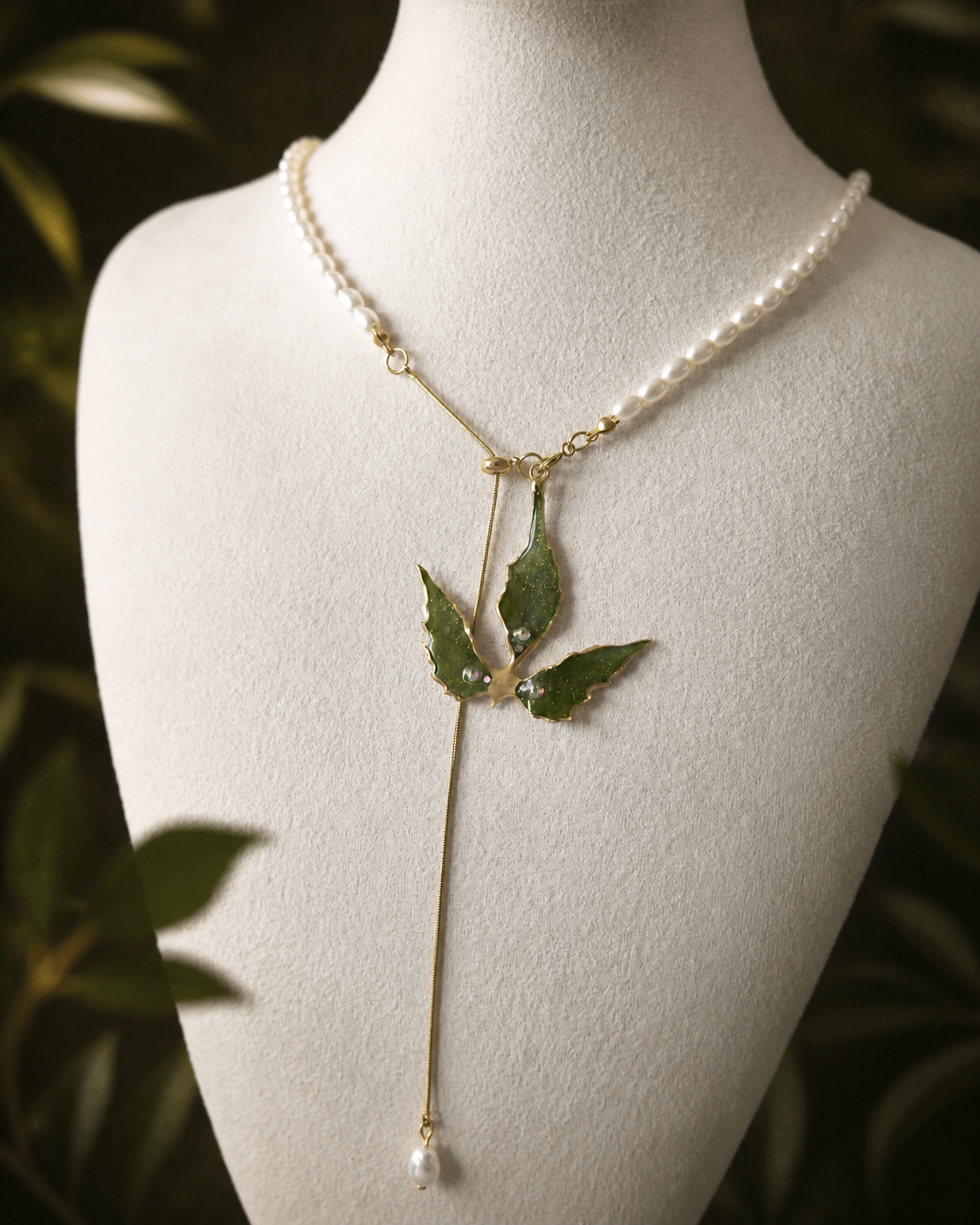 Full-length view of the split-chain necklace and single imitation-pearl drop, Boston Ivy Pearl-Drop Split-Chain Necklace botanical jewellery by Terra Decode