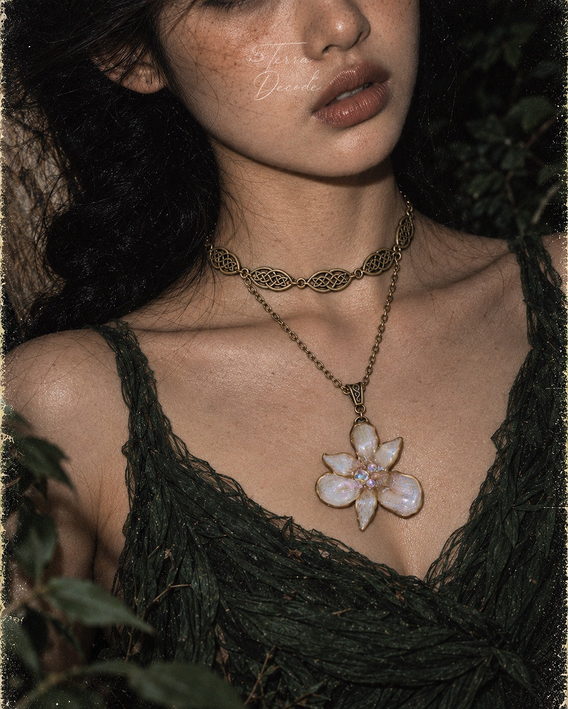 BRIGID Celtic Peruvian Lily Iridescent Rhinestone Necklace worn by a model | Terra Decode