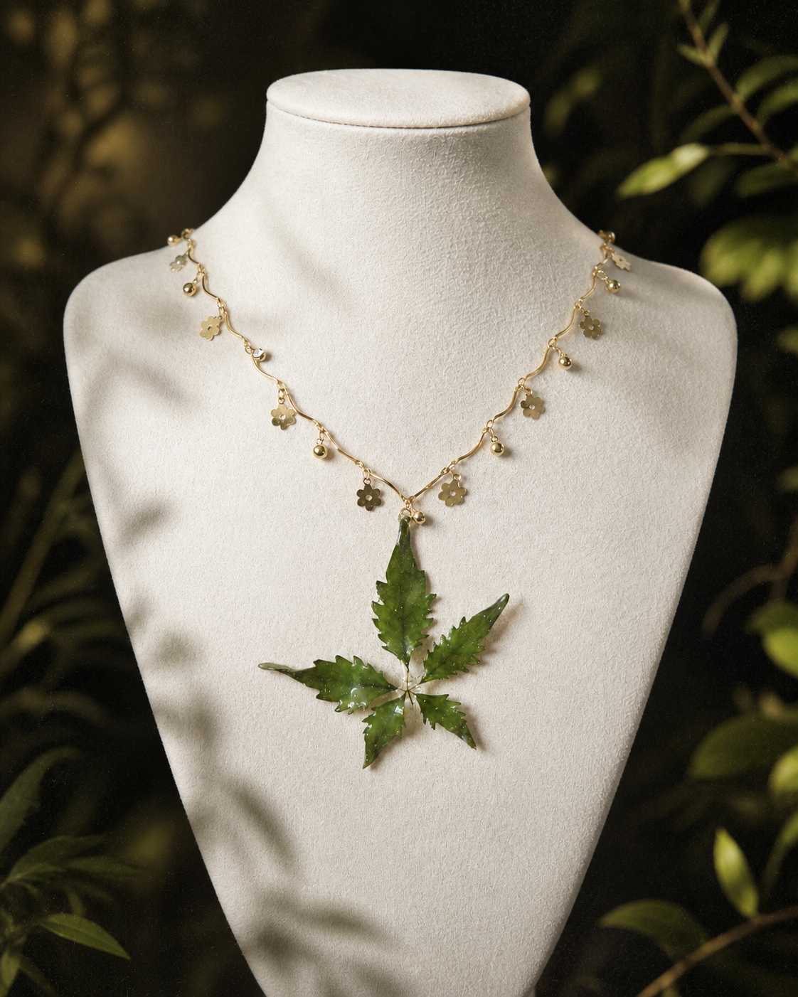 Left angled view of radiating preserved leaflets and gold-toned floral charms, Chinese Chaste Tree Floral-Chain Necklace botanical jewellery by Terra Decode