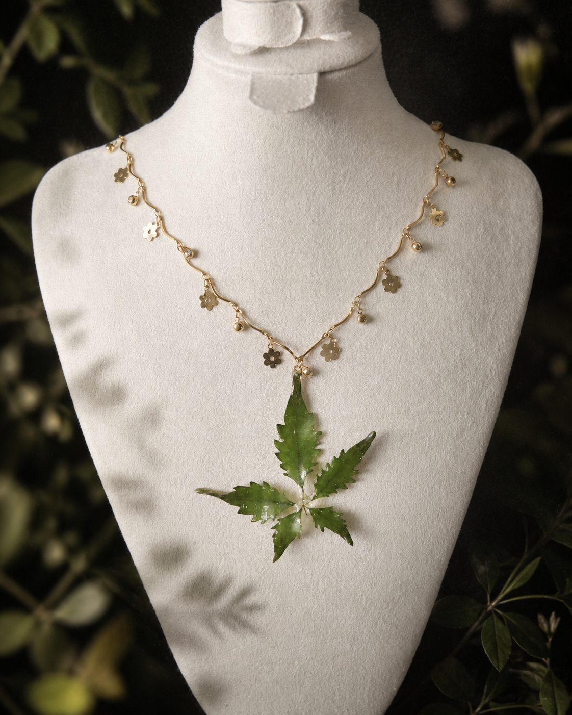 Right angled view of the real Chinese chaste tree botanical pendant, Chinese Chaste Tree Floral-Chain Necklace botanical jewellery by Terra Decode