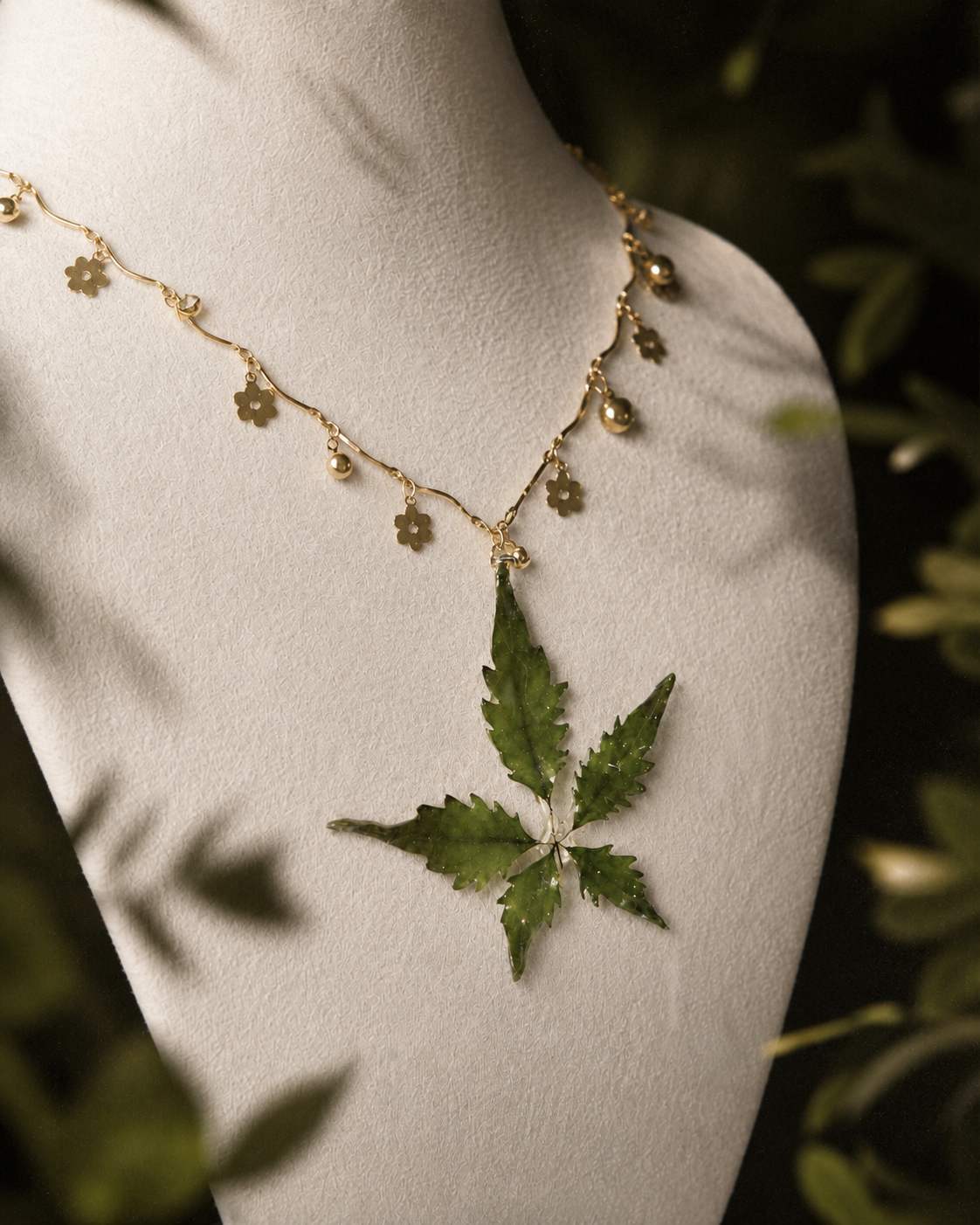 Full-length view of the botanical necklace and floral-charm chain, Chinese Chaste Tree Floral-Chain Necklace botanical jewellery by Terra Decode
