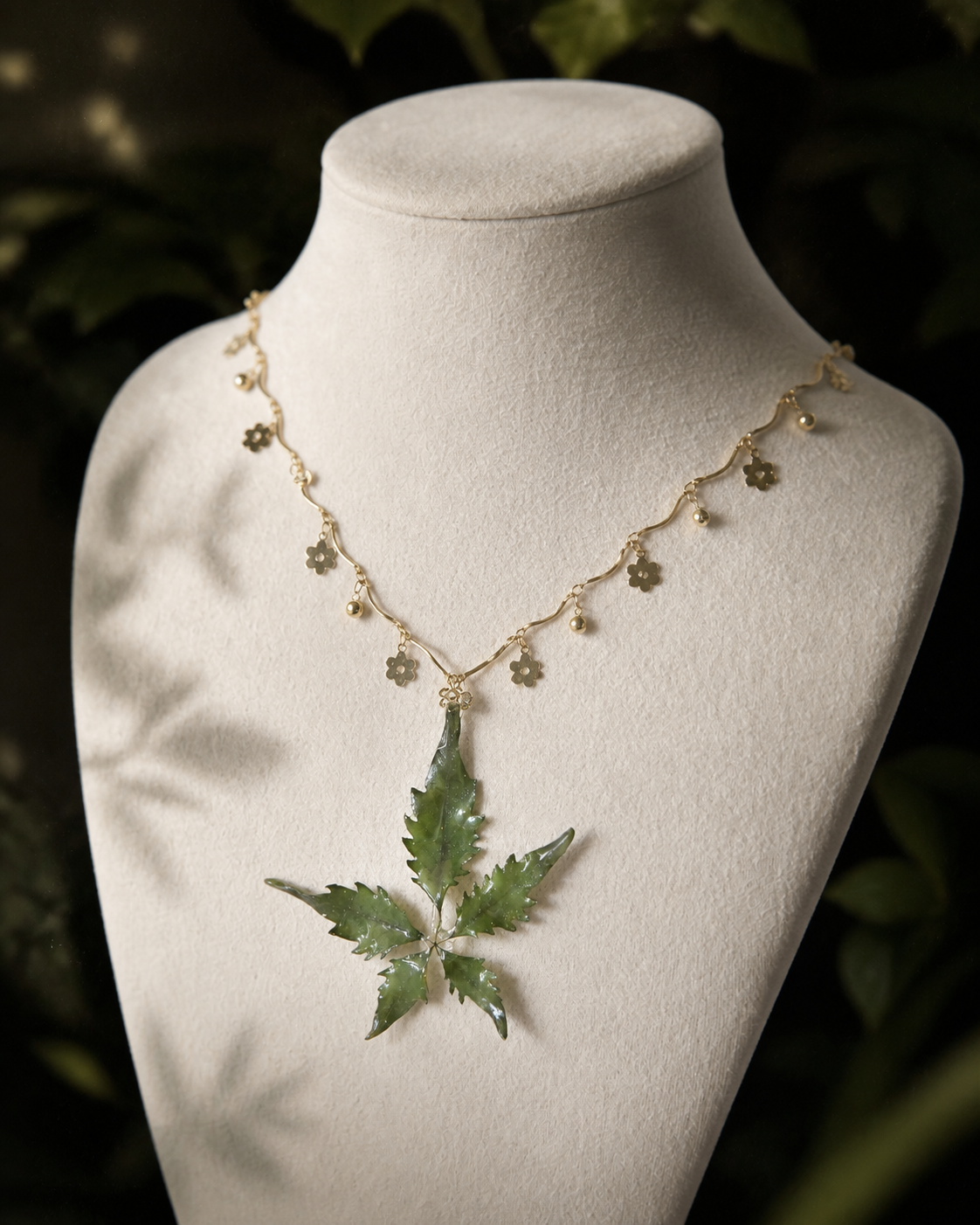 Detail of the gold-toned chain with small metal flower charms, Chinese Chaste Tree Floral-Chain Necklace botanical jewellery by Terra Decode