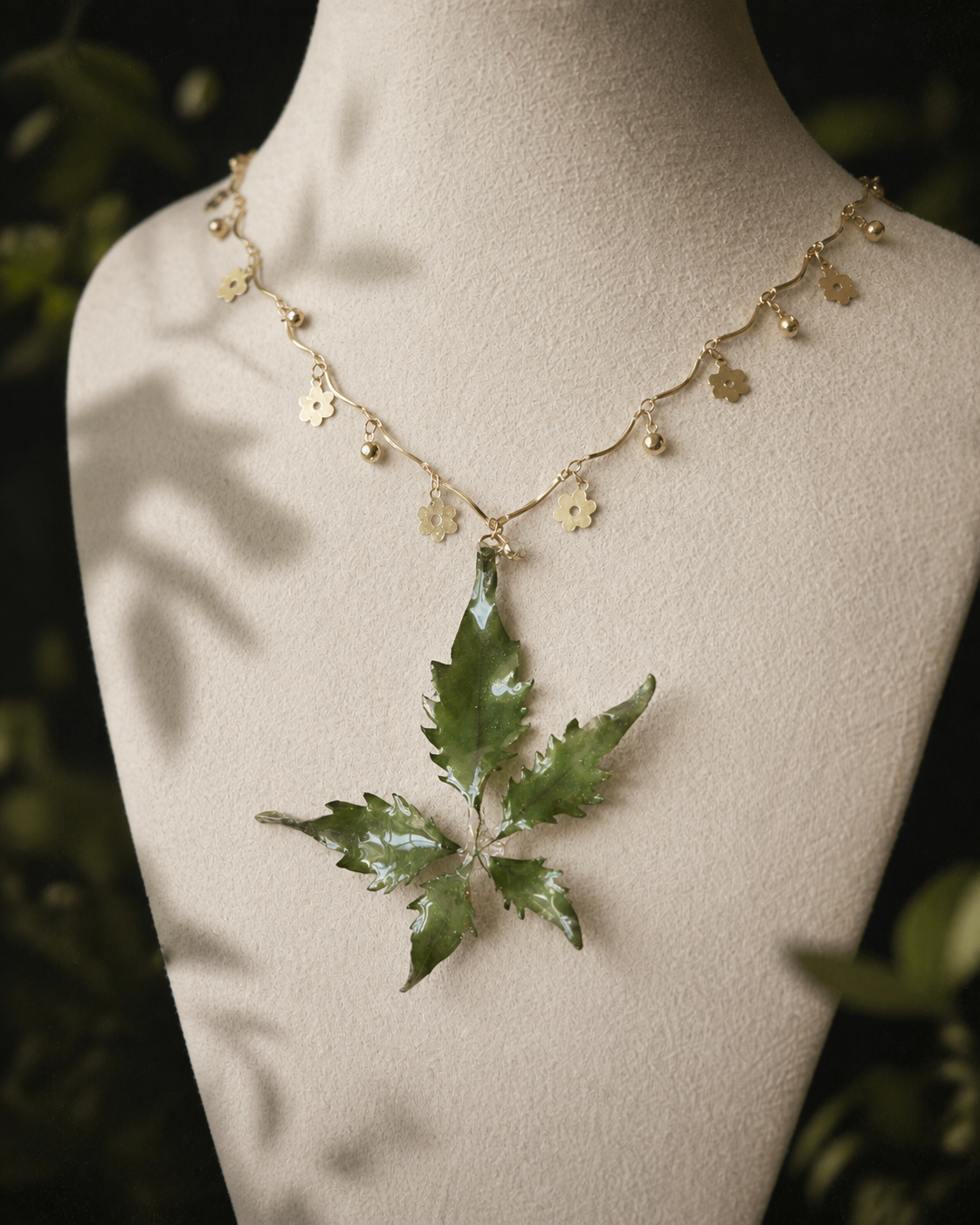 Floral-chain detail below the preserved Chinese chaste tree pendant, Chinese Chaste Tree Floral-Chain Necklace botanical jewellery by Terra Decode